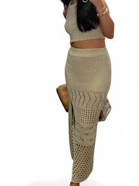 Gold metallic knit set with geometric cut-out patterns